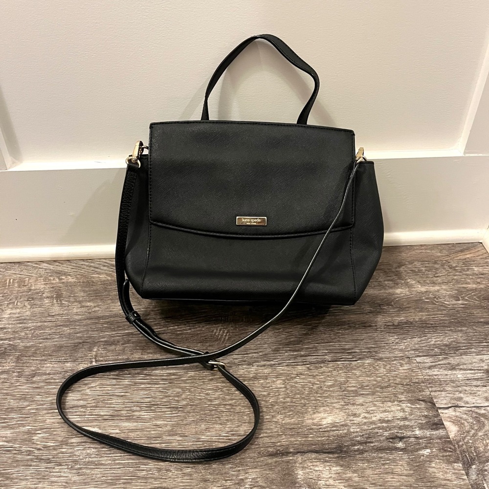 Kate Spade Laurel Way Alisanne Black Leather Flap Crossbody Satchel Purse Bag